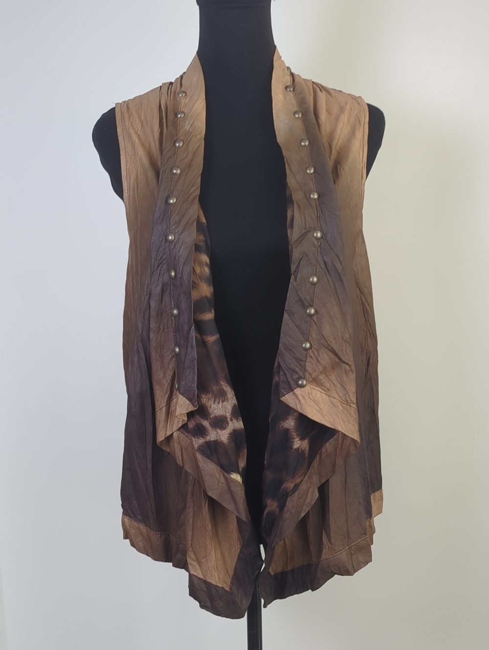 Alberto Makali Bronze Crinkle Leopard Asymmetrical Draped Studded Vest LARGE